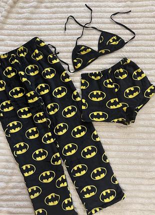 Плюшева піжама трійка batman, чорна, one size (xs-m) топ, шорти, штани