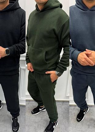 Теплый флисовый мужской спортивный костюм, худи с капюшоном + штаны джоггеры