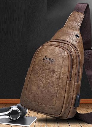 Чоловіча бананка сумка на груди, барсетка на плече кросбоді слінг jeep з usb екошкіра темно-коричневий