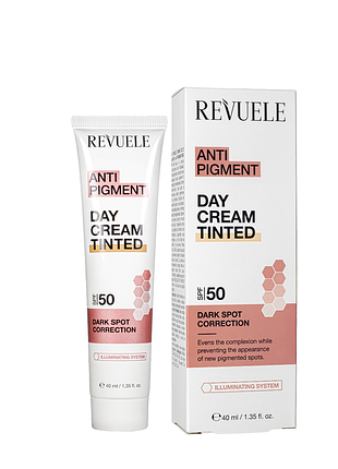 Крем для лица отбеливающий тональный revuele anti pigment day cream tinted spf50 40 мл daily skin care