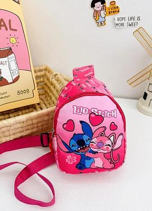 Розовая детская нагрудная сумка через плечо lilo & stitch | картинка лило и стича | кроссбоди мини-сумка