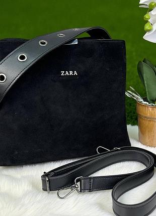 Женская замшевая сумка стиль zara, сумочка зара черная натуральная замша