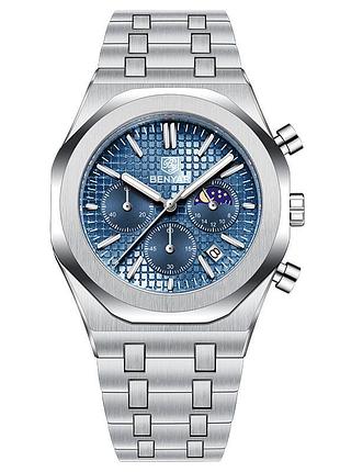 Чоловічий годинник benyar by-5228m silver-blue з хронографом та індикатором фаз місяця