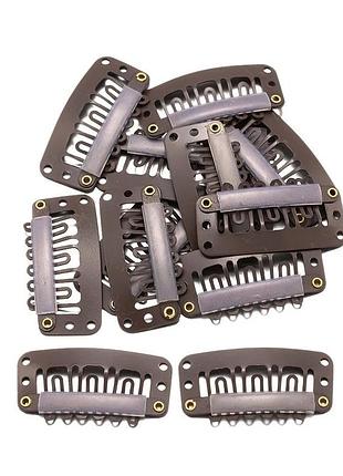 Набір із 5 металевих затискачів заколок із 9 зубцями – 32×15 мм, коричневий колір, для накладок, чубчиків та перук