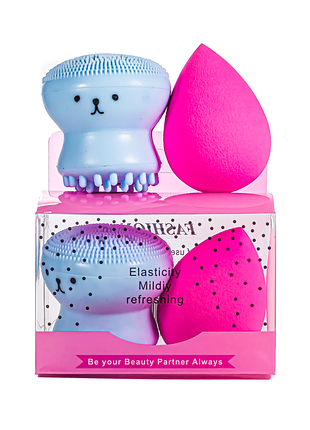 Набор 2 в 1 puffy спонж для макияжа и щетка для очищения лица daily skin care