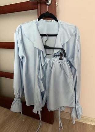 Костюм жіночий: сорочка/блузка та шорти, блакитний, тенсел, s/m