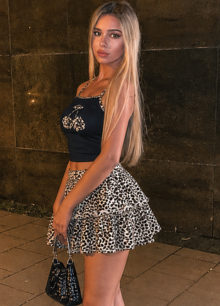 Комплект женский топ и юбка 🐆 леопардовый принт с вишнями 🔥 shein ✨ костюм мини🖤 размер s🖤женский комплект🖤топ🖤 леопардовая юбка