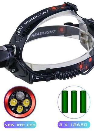 Фонарь налобный 5000k акб 3*18650 ct021 31 ultra led, зу type-c тм китай