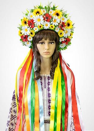 Украинский венок высокий с лентами на голову зореслава 13696