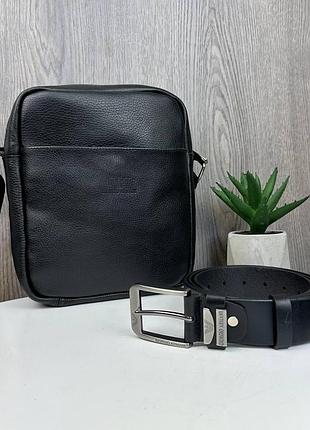 Мужская кожаная сумка планшетка стиль armani + кожаный поясной ремень, подарочный комплект