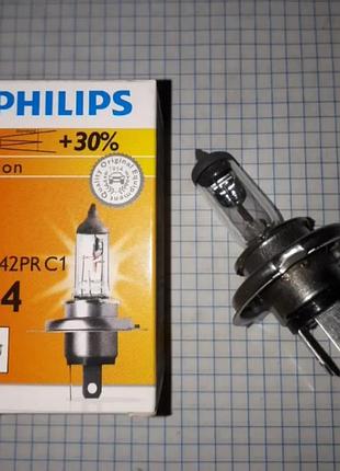 Лампа автомобільна h4 12v p43t ближній фарний + дальній philips 60/55w + 30% philips