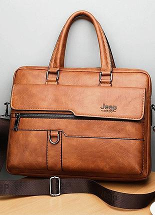 Мужская сумка для ноутбука jeep эко кожа портфель для планшета документов папок а4 светло-коричневый