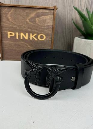 Кожаный женский ремень широкий стиль пинко с птичками, пояс pinko натуральная кожа черный
