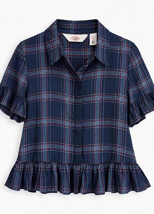 Блузка lee cooper женская темно синяя в клетку короткий рукав с воланами рубашка на пуговицах с воротником баска рюши повседневная стильная  s uk 8