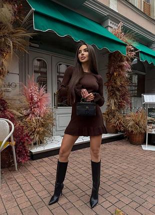 Накладной платеж ❤ 50% хлопок турецкий шоколадный вязаное платье мини гольф с рюшами