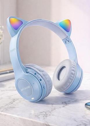 Бездротові навушники з котячими вушками та лід підсвічуванням cat ear y47 led, bluetooth навушники з мікрофоном блакитний