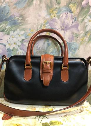 Винтажная кожаная сумка саквояж / doctor bag из натуральной кожи (двухцветная)