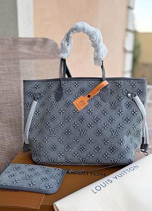 Джинсова сумка шопер neverfull з монограмним тисненням l