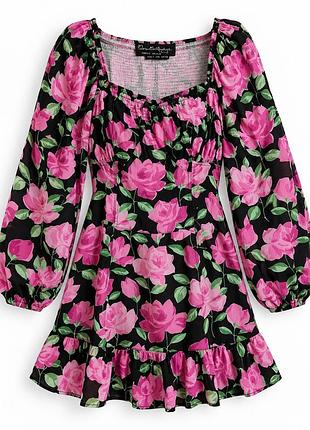 Черное платье miss selfridge с розовым цветочным принтом длинным рукавом и рюшами размер uk 18 eu 44