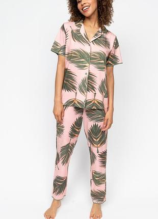 Пижама женская cyberjammies lea 0693-0694 16/xl розовый с принтом листьев (5051877560673)