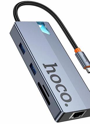 Usb hub hoco hb52 type-c 8 в 1 100 вт 4k 5gbps сірий алюмінієвий сплав для ноутбуків і планшетів