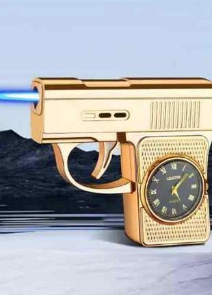 Газовая зажигалка пистолет hl-669 gold с кварцевыми часами (турбо)