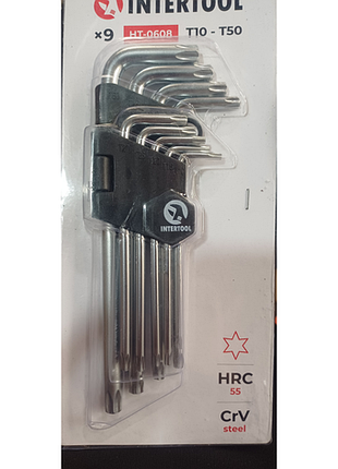 Набор ключей г-образных torx удлиненных с отверстием intertool ht-0608, t10-t50, 9 ед. (cr-v)