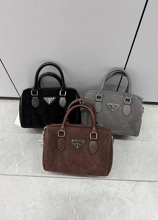 Жіночна замшева сумка-боулінг prada, сумка прада бочечка, сумка prada замш, сумка через плече