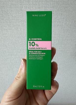 Nineless a-control 10% azelaic acid serum — це корейська сироватка, створена для комплексної боротьби з акне, розацеа, почервоніннями та пігментацією