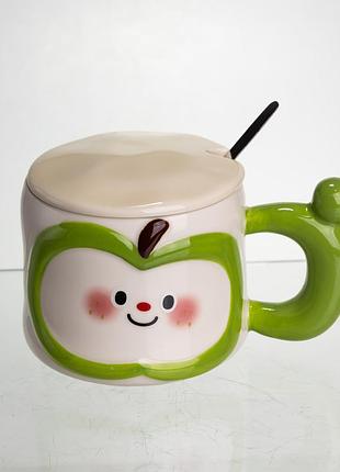 Чашка фарфоровая 400 (мл) с крышкой и ложкой, оригинальная кружка на подарок чашка для детей зеленый fm-25a