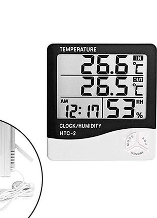 Термометр гігрометр цифровий -50~70c рк 3.8" з зовнішнім датчиком htc-2 годинник/будильник