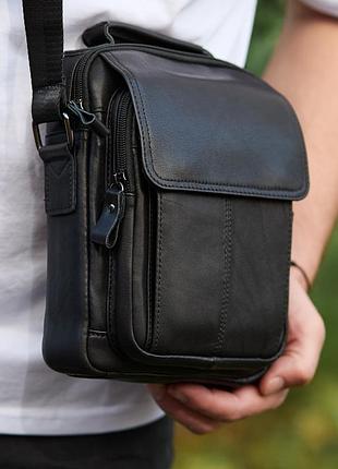 Сумка-барсетка чоловіча через плече шкіряна гладка чорна tiding bag td-55467