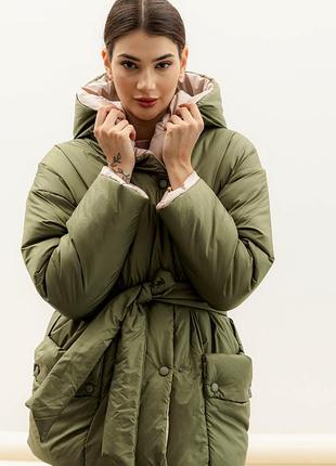 Двухстороння жіноча куртка xxl-3xl. оливковий з бежевим