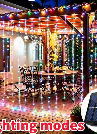 Вулична світлодіодна гірлянда-штора на сонячній батареї 300 led (3х3 м) rgb кольорова ip54