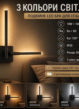 Поворотне подвійне настінне led бра для читання 10 вт з вибором 3000k/4000k/6000k чорне sneha (995514)
