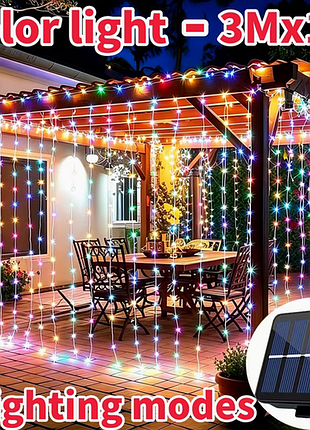 Уличная светодиодная гирлянда-штора на солнечной батарее 100 led 3х1 м rgb цветная ip54