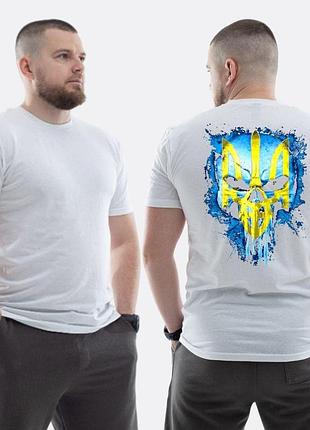 Чоловіча класична футболка з принтом череп тризуб жовто-блакитний , білий s