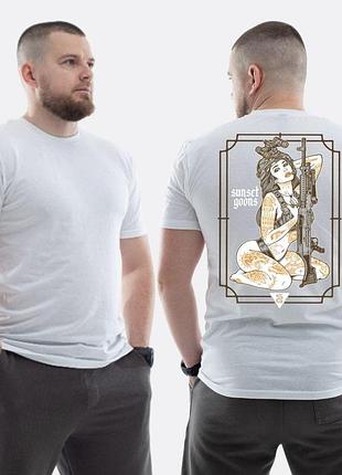 Чоловіча класична футболка з принтом sunset goons дівчина жовті тату автомат , білий xl