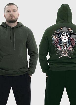 Чоловічий легкий худі з принтом sunset goons дівчина самурай, хакі l