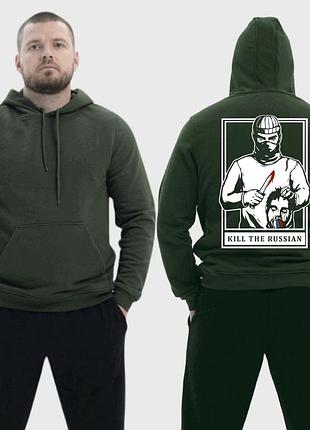 Чоловічий легкий худі з принтом kill to ru**an хлопець з ножем і головою, хакі xxl