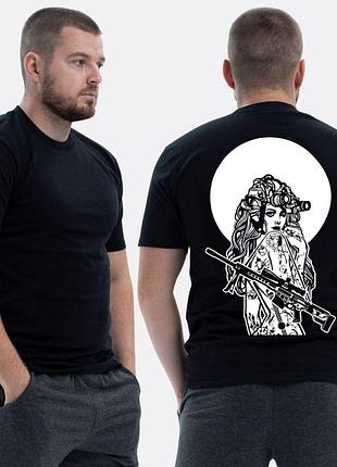 Чоловіча класична футболка з принтом sunset goons дівчина з автоматом під повним місяцем , чорний