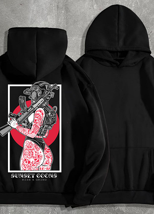 Худі чоловічий на флісі з принтом sunset goons дівчина спиною червоні тату , чорний l