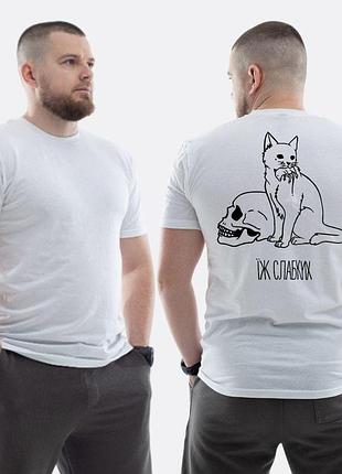 Мужская классическая футболка с принтом ежи слабых кот с мышью в зубах череп, белый xl