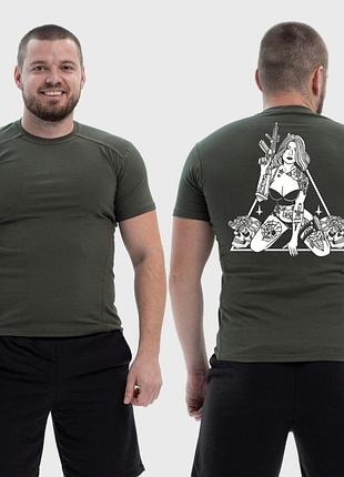 Чоловіча тактична футболка з принтом sunset goons дівчина з автоматом та двома черепами, хакі