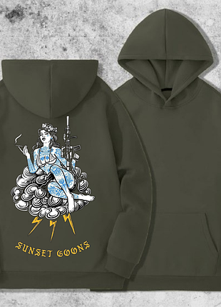 Худи мужской на флисе с принтом sunset goons девушка голубые тату, хаки