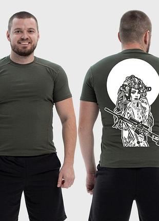 Чоловіча тактична футболка з принтом sunset goons дівчина з автоматом під повним місяцем, хакі xl