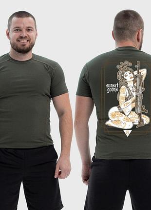 Чоловіча тактична футболка з принтом sunset goons дівчина жовті тату автомат, хакі