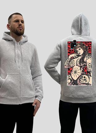 Мужской зип-худи на флисе с принтом sunset goons девушка черепа тату, серый l