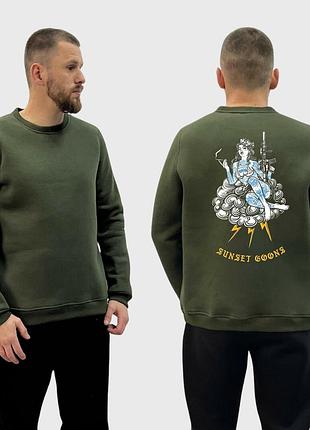 Мужской свитшот на флисе с принтом sunset goons девушка на облаках, хаки xl