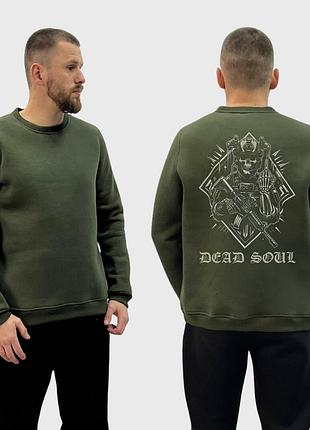 Мужской свитшот на флисе с принтом dead soul мертвая душа скелет показывает фак, хаки l
